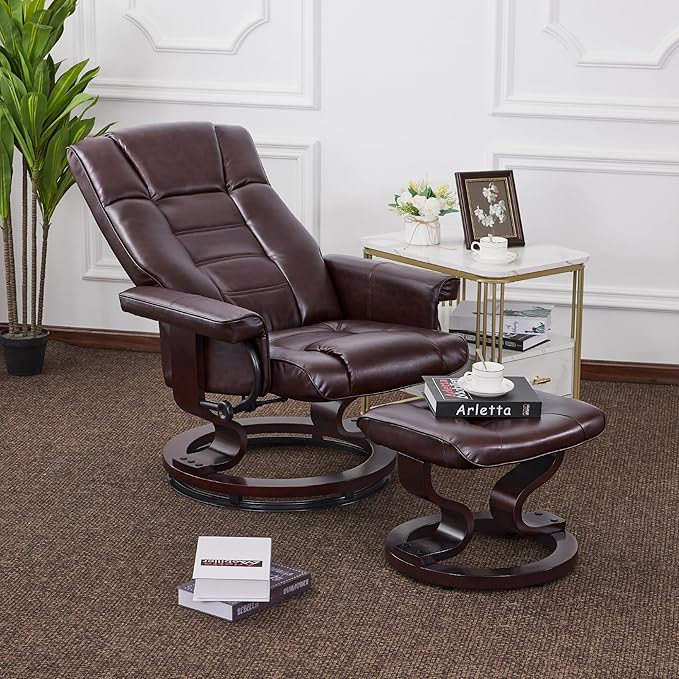 MCombo Manual Swivel Recliner with Ottoman Chair Ottoman Set for RV Small Spaces Living Room Bedroom Office 9019 4919 (Faux Leather Dark Brown)