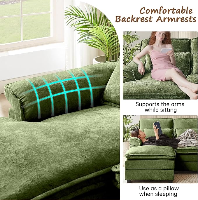 113 U Shaped Sectional Sofa Comfy Cloud Couch Chenille Sofa Sleeper Deep Seat Sofa with 4 Throw Pillows 4-Seater Double-Layer Modern Sofa for Living Room Green