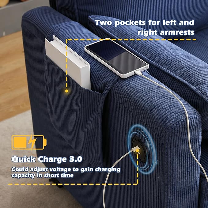 Grepatio Sectional Sofa Couch 80 L Shaped Convertible Sofa with 2 Pockets &amp USB Ports 3-Seater Comfy Cloud Modular Couches with Movable Storage Ottom for Living Room Apartment Small Space (Bl