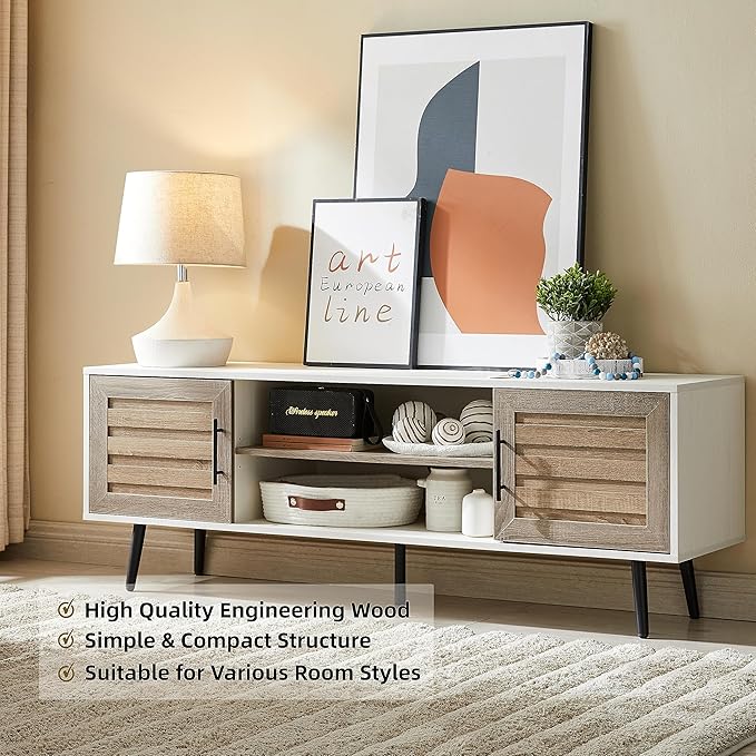 EDYO LIVING Mid Century Modern TV Stand for 65 TV Wood TV Stand with Storage Cabinet and Open Shelf Entertainment Center TV Console Table for Living Room White Walnut