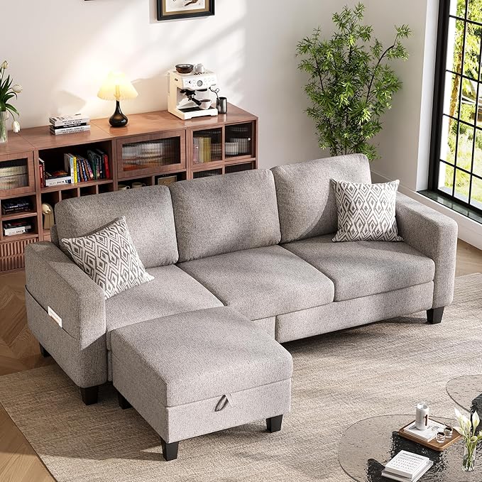 Sectional Sofa and Couches for Living Room 78'' Brown 3 Seat L-Shaped Couch with Movable Ottoman Comfy Linen Convertible Sectionals Sofas with Chaise for Apartment Dorm Small Space