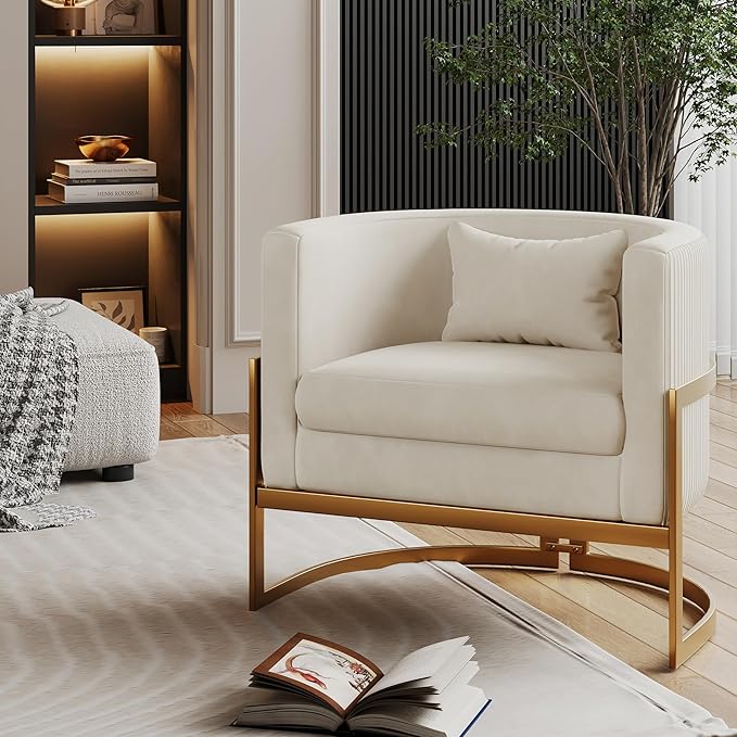 Alunaune Upholstered Velvet Accent Chair Barrel Chairs Modern Living Room Armchair Mid Century Lounge Chairs Sofa Tub Bucket Club Chair for Bedroom-Ivory