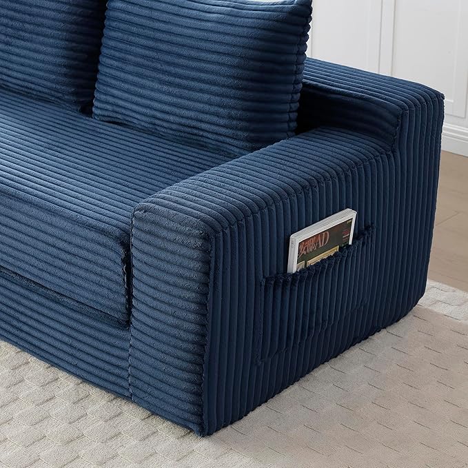 73 Convertible Sofa Bed 2 in 1 Corduroy Folding Couch with Pillows No Assembly Boneless Compression Sofa in Box Loveseat with Side Storage Pocket for Apartment Living Room Blue