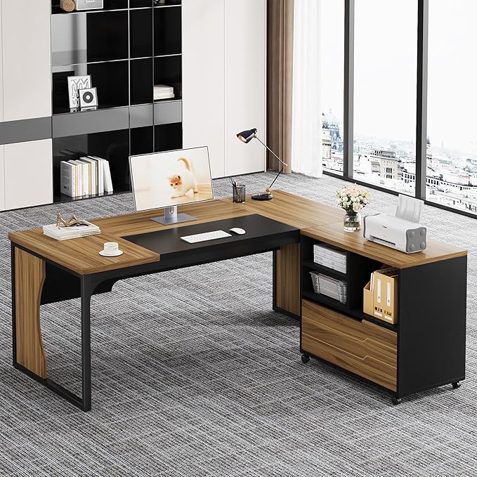 L Shaped Executive Computer Desk with Mobile File Cabinet and LED Light 63 inch Large Office Table Business Furniture with Storage and Drawers for Home Office Dark Walnut