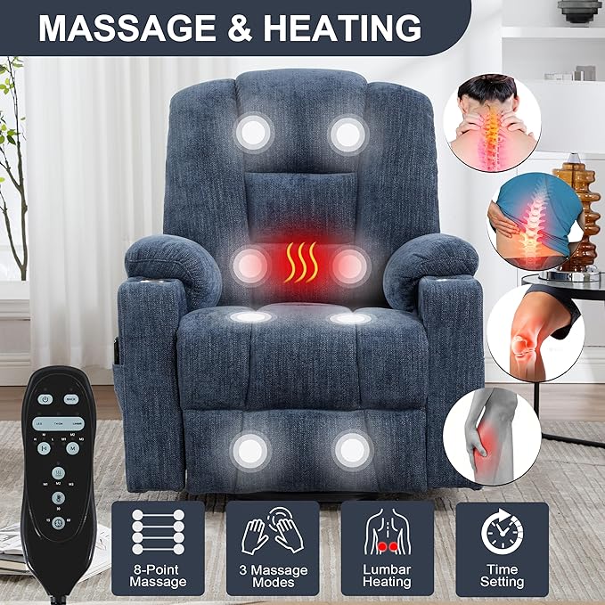 Power Lift Chair with Massage &amp Heat Electric Recliner Chairs for Adults Remote Control Living Room Sofa Standing Assistance USB Ports Stainless Steel Cup HoldersChenille Blue