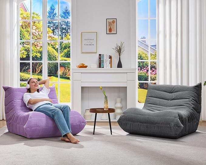 Bean Bag Chairs for Adults Giant Bean Bag Chair Memory Foam BeanBag Chair Bean Bag Sofa with Filler Faux Fur Fireside Beanbags Lazy Sofa for Living Room Bedroom Office (Purple Corduroy Single)
