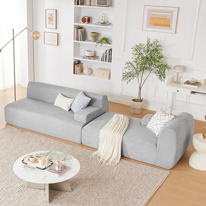 107” Modular Sectional Sofa Boneless Couch Modern Sofa for Living Room High Density Sponges Cloud Couch Sectional L-Shape Couches for Living Room LightGrey
