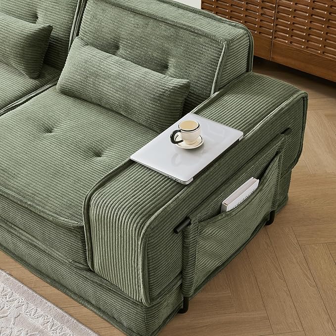Modular Sofa Bed No Assembly Required Sectional Couch for Living Room Compressed Cloud Couch with Corduroy Fabric &amp Lumbar Pillows Small Space Furniture Green