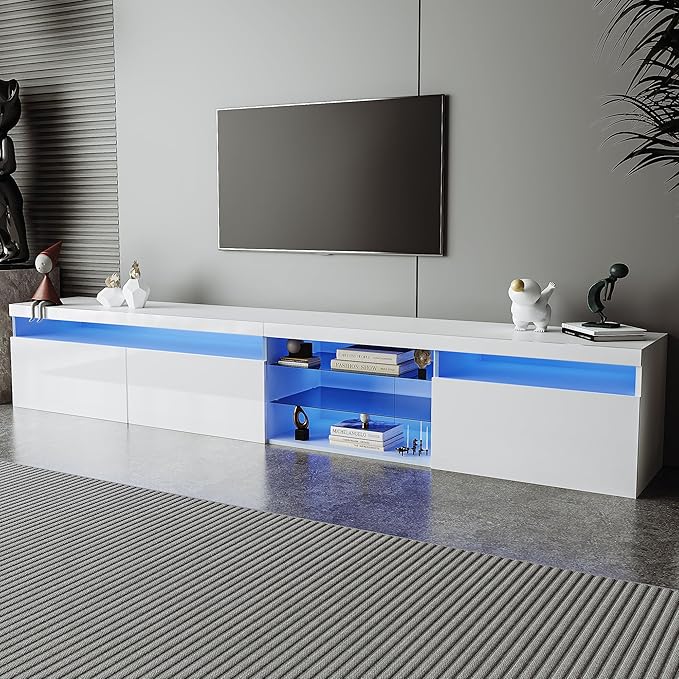 Merax Unique Design TV Stand with 2 Glass Shelves and LED Color Changing Lights Ample Storage Space Media Console for Television Up to 100 Versatile Cabinet for Living Room White