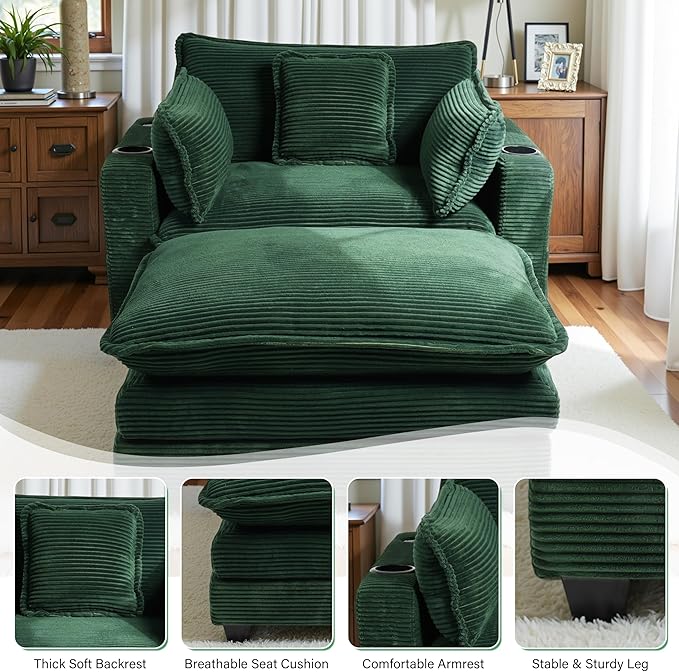 Corduroy Oversized Chair with Seat Pad - 44 Wide King Comfortable Chair and Seat Cushion Set Modern Single Sofa Armrest with USB Port and Cup Holder Living Room Cloud Lounger (Green)