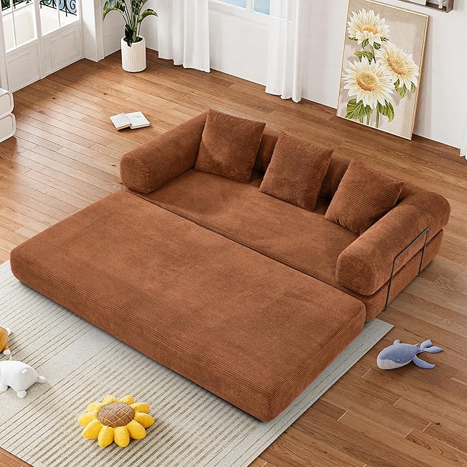 Convertible Sofa Bed Corduroy Memory Foam Compression Sofa Modular Floor Sofa with Pull-Out Bed Compressed Couch in Box Folding Sleeper Couches Bed for Living Room Bedroom Lounge Orange