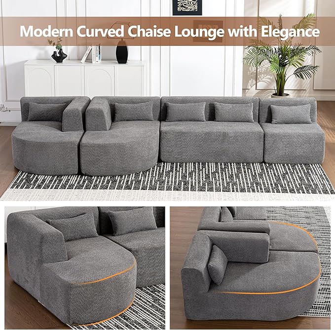 144 Sectional Sofa Modern U Shaped Couch Comfy Deep Seat Upholstered Sofa with 2 Chaise and 5 Back Pillows for Living Room Free-Combined Grey
