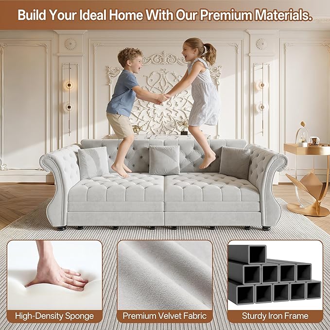 KEIKI 97.6 Chesterfield Sleeper Sofa with Pull Out Bed for Guests Oversized Velvet Couch with Rolled Arms &amp Tufted Upholstery for Hosting