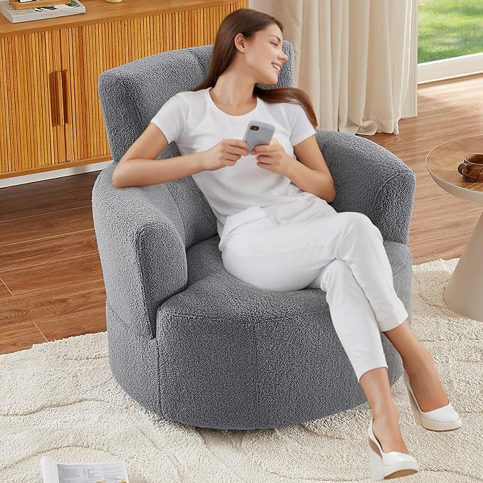 Swivel Accent ChairBedroom Barrel Chairs with Seat CushionModern 360° Soft Berber Fleece Fabric Circle Chair with Adjustable Headrest for Living Room (Grey)