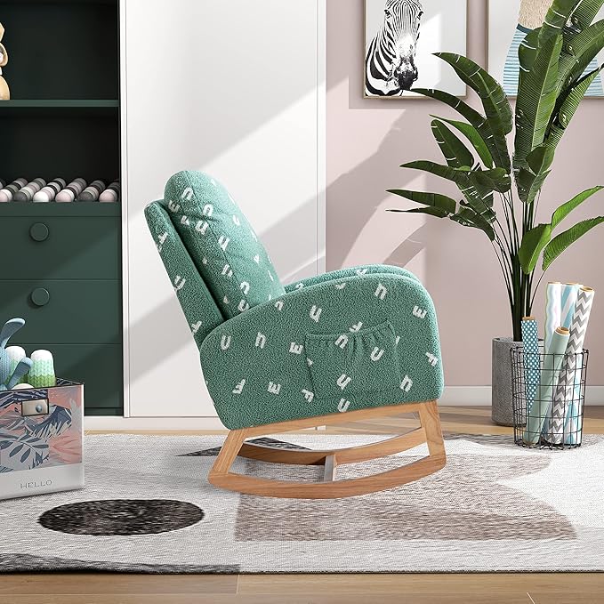 Green Rocking Chair for Nursery &amp Living Room Comfortable Rocker Armchair with Side Pockets Modern MidCentury Accent Chair 300 Lb Capacity