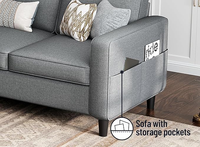 Sectional Sofas Couches for Living Room Convertible L Shaped Couch | Sofa with Ottoman Washable Sofa Covers 78 Small Couch Grey Linen Fabric 3 Seat Storage Couch