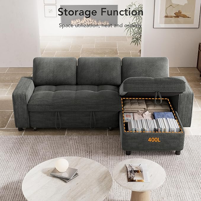 Vipbear 81 Sectional Sleeper Sofa with Pull Out Bed L Shaped Sleeper Sofa Pull Out Couch with Reclining Backrest Reversible Storage Chaise USB Ports Tool-Free Assembly Chenille Dark Grey