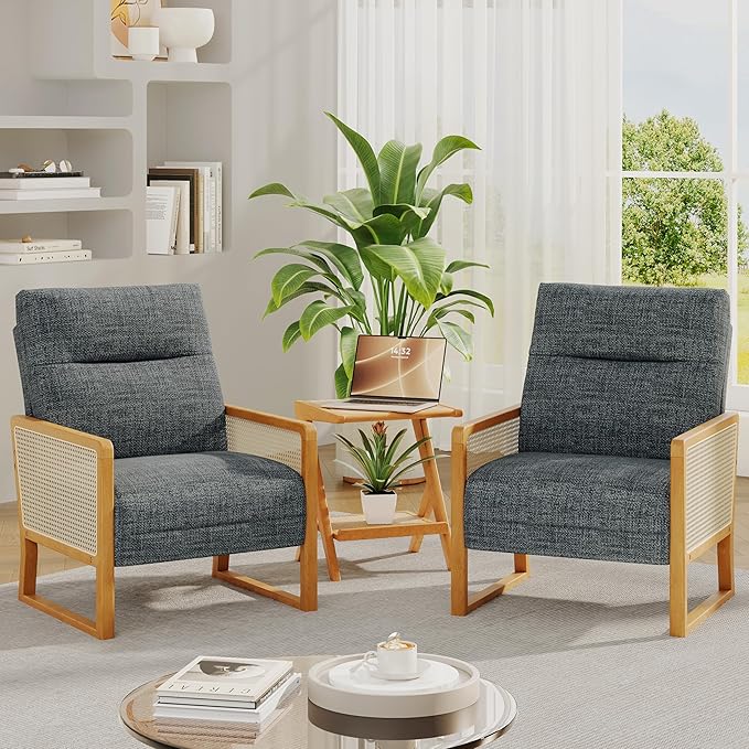 Upholstered Accent Chair Set of 2 Modern Rattan Accent Chair with Ash Wood Legs Comfy Dark Gray Armchair for Living Room