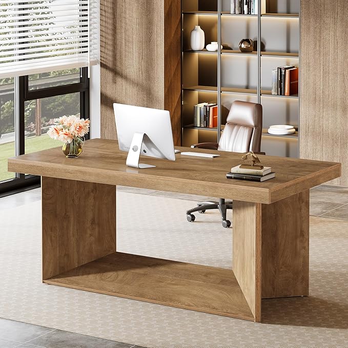 Tribesigns 63-Inch Executive Desk Large Office Computer Desk with Heavy Duty Pedestal Farmhouse Simple Workstations Writing Table for Home Office Rustic Brown