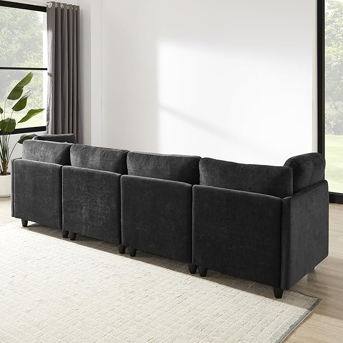 121'' 7-Seater Modular Sectional Upholstered Couches Chenille Cloud Couch with Movable OttomanL/U-Shape Modern Sofa for Living RoomBlack