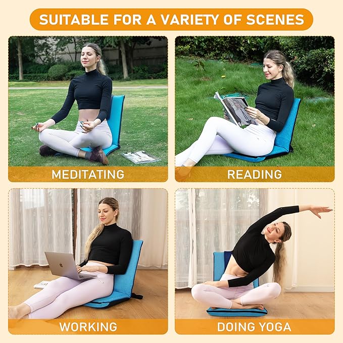 Floor Chair with Back Support 14-Position Adjustable Floor Chair Portable Ground Seating for Adults Foldable Meditation Seat with Japanese KOYO Bearings &amp Washable Linen Cover (Bright Blue)