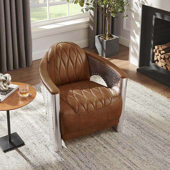 Zouron Genuine Leather Accent Chair Upholstered Aviator Chair with Aluminum Legs Vintage Leather Single Sofa Barrel Chairs Cognac