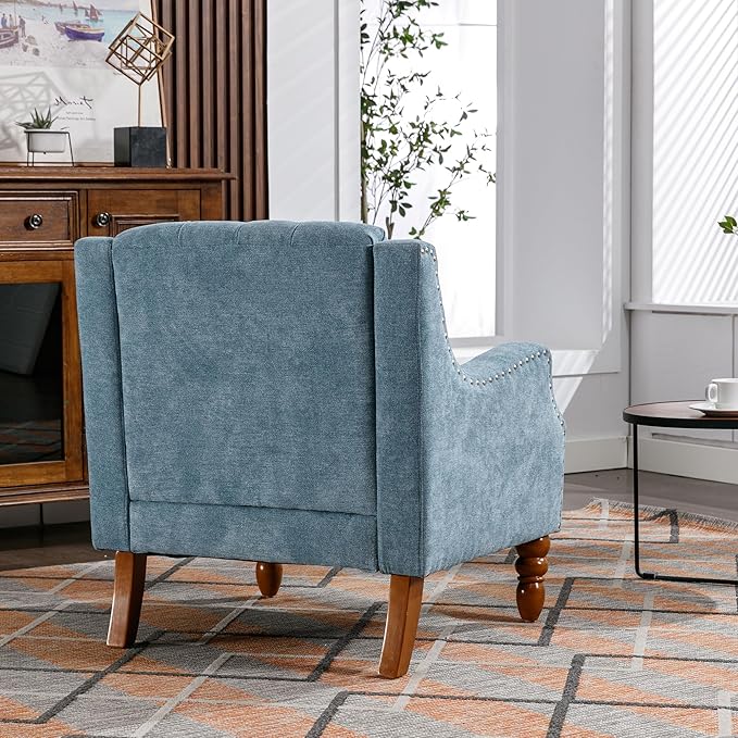 Blue Accent Chair Living Room Chair Footrest Chair Set with Vintage Brass Studs Button Tufted Upholstered Armchair for Living Room Comfy Reading Chair for Bedroom Reception Room
