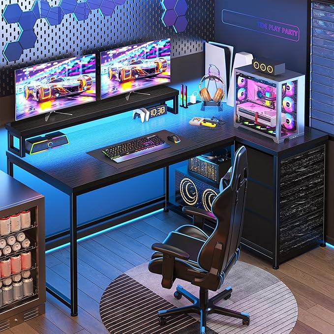 EnHomee L Shaped Gaming Desk with LED Lights &amp Power Outlet 48Inch Reversible Office Desk with Monitor Stand Corner Computer Desk with 3 Drawers for GamingStudy RoomHome OfficeBedroomBlack