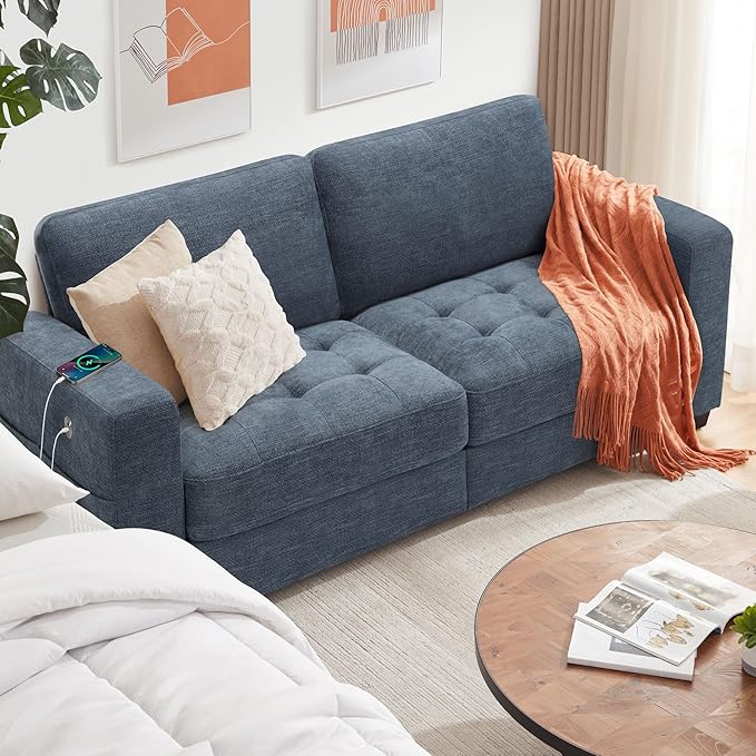 Ihanherry 2-Seater Couch with Extra Large Sofa Seat Width &amp Depth USB/Type-C Charging Port &amp Side Pocket Modern Sofa for Living Room Removable Medium Firm Cushion Breathable Chenille(89inc