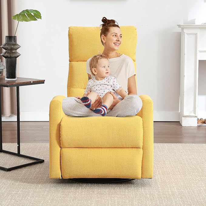 360° Swivel Rocking Chair for Nursery Manual Glider Chair Nursing Chair with Side Pockets Polyester Glider for Living Room Heavy Duty Motion Mechanism Yellow