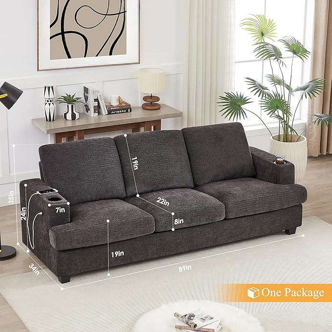 HOSTACK 89 Sofa Comfy Sofa Couch with Extra Deep Seats Modern 3 Seater Sofa with USB Charging Ports &amp 2 Cup Holders Chenille Upholstered Sofa for Apartment Living Room Office Dark Grey