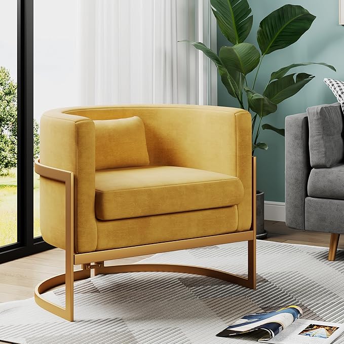 Alunaune Upholstered Velvet Living Room Chair Barrel Accent Chair Modern Armchair Mid Century Lounge Chair Sofa Tub Bucket Club Side Chair for Bedroom-Yellow