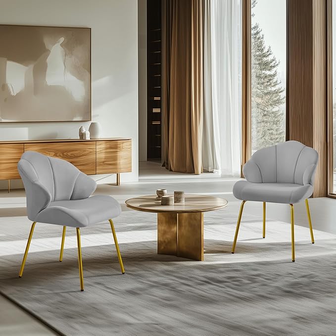 Yaheetech Vanity Chair Velvet Accent Chair with Shell-Shaped Backrest Modern Armchair with Gold Metal Legs for Dressing Room/Bedroom/Living Room Light Gray