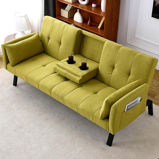 70 Beige Futon Couch Bed Sofa Comfortable Futon Loveseat with Cupholders &amp Arms Convertible Fouton Sofas with Adjustable Backrest &amp Pockets for Small Spaces Living Room Bedroom Dorm (Green)