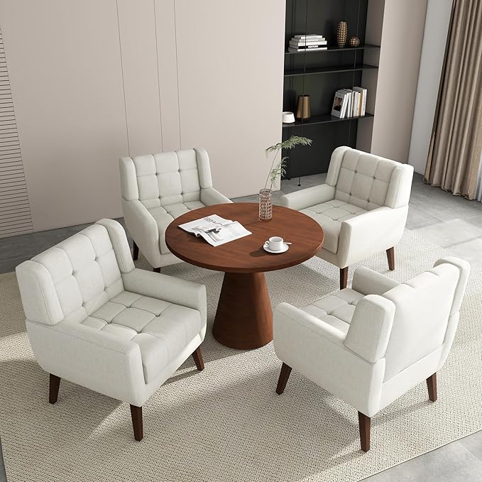 Accent Chair Comfy Mid Century Modern Small Armchairs with Solid Wood Frame and Soft Cushion for Living Room Bedroom (Fabric Beige Set of 2)
