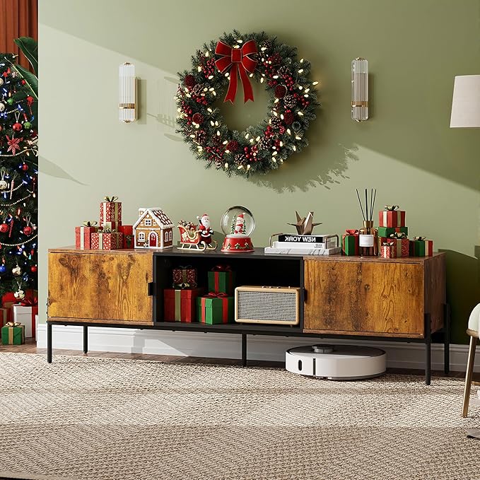 WLIVE TV Stand for 65 Inch TV Mid Century Modern Entainment Center with 2 Storage Cabinets &amp Open Shelf TV Console Table Media with Metal Legs for Living Room Bedroom Rustic Brown
