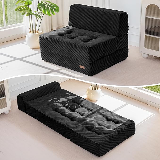 MAXYOYO 8 Folding Sofa Bed Convertible Sleeper Sofa Lounger Foldable Mattress Wedge Shape Floor Couch Tufted Fold Out Chair Bed Comfy Floor Couch Lounge for Living Room Bedroom Single Black