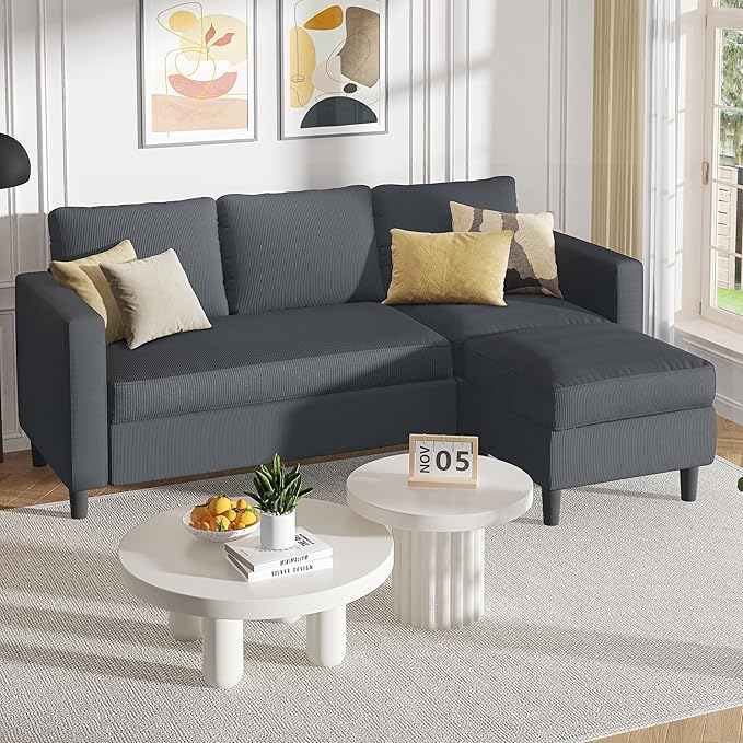 Shintenchi Modern Upholstered Sectional Sofa L-Shaped Couch with Reversible Chaise for Living Room New Corduroy Fabric