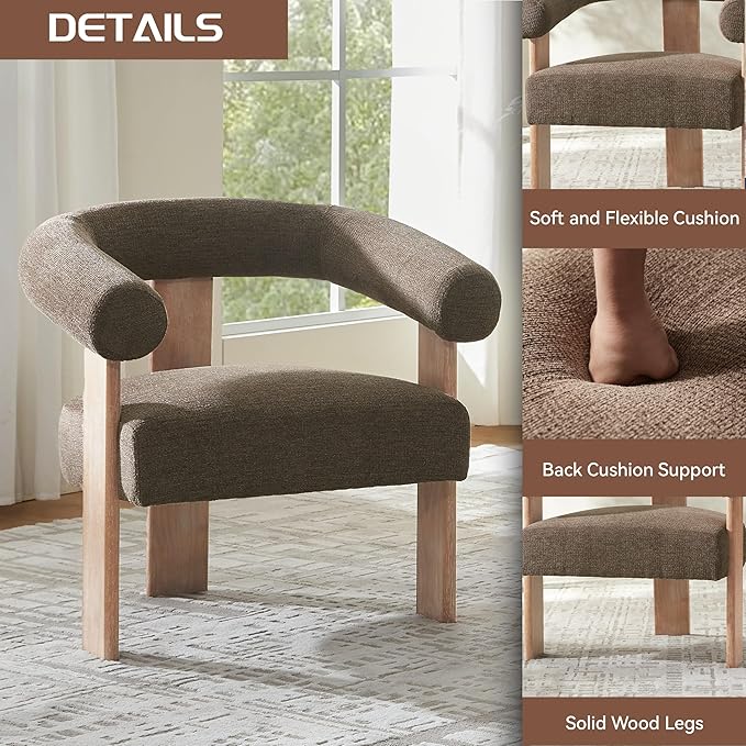 VKNOW Accent Chair Living Room Chairs Set of 2 Modern Upholstered Arm Chair with Solid Wood Legs Comfy Barrel Accent Chairs for Living Room Bedroom Brown
