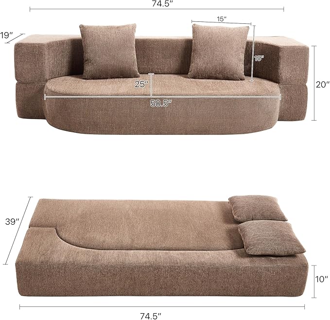 Folding Sofa Bed Convertible Futon Sleeper Bed 2-in-1 Foldable Floor Mattress with 2 Pillows Breathable High-Density Foam Lazy Couch Comfy Lounge Chair Brown