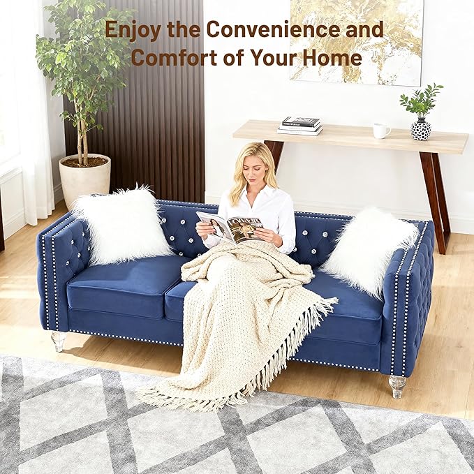 Luxury Chesterfiled Sofa Couch Set of 2 for Living Room2PC Modern Diamond Button Tufted Sofas with Acrylic Crystal Legs2 Piece Couches Set with Silver Nailhead Trim (Blue 2PC Sofa Set)