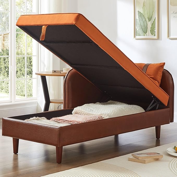 KEIKI PU Leather Chaise Lounge Chair Indoor Modern Leisure Sleeper Sofa Chair with Storage Accent Velvet Reading Couch Side Armchair Corner Arm Chairs for Living Room Bedroom Easy Assembly Brown