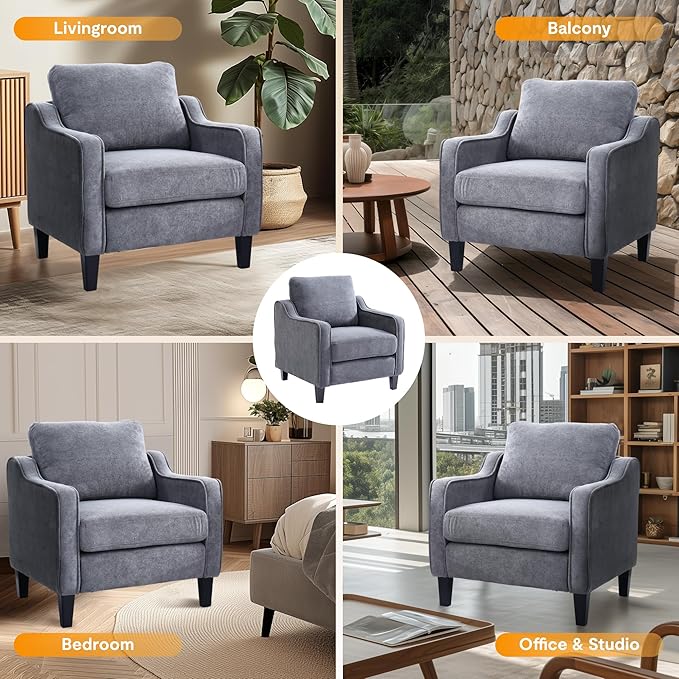 FLEXISPOT AC2 Accent Chair Accent Chairs Set of 2 for Living Room Mid Century Modern Chenille Upholstered Armchair with Padded Back Comfy Reading Chair for Bedroom Office Small SpacesGrey