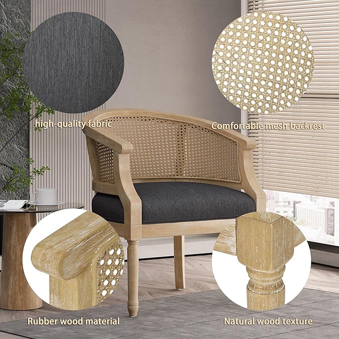 Mid Century Accent Chair Armchair with Curved Backrest and Upholstered Reading Chair with Vintage Rattan Hollow Out for Living Rooms Bedrooms Farmhouses Balconies (Charcoal)