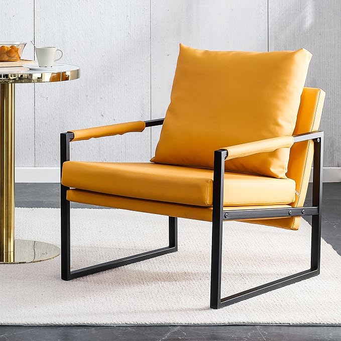PU Leather Accent Arm Chair Mid Century Modern Upholstered Armchair with Metal Frame Extra Thick Padded Backrest and Seat Cushion Sofa Chairs for Living Room (Orange PU Leather Metal Frame Foam)