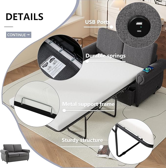 Pull Out Sofa Bed with Twin Size Memory Mattress 57.9 Linen Loveseat Sofa Sleeper Bed 2-in-1 Sleeper Sofa Bed Convertible Sleeper Sofa for Living Room Small Spaces (Gray 072)