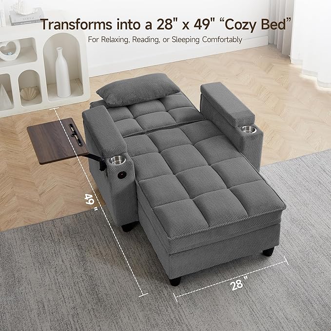 Modern Tufted Linen Fabric Chaise Lounge Sofa Chair with Rotating Side TableStoragePillowUSB Charging Ports and Adjustable Backrest Perfect for Living Room Small Spaces (12-Dark Gray)