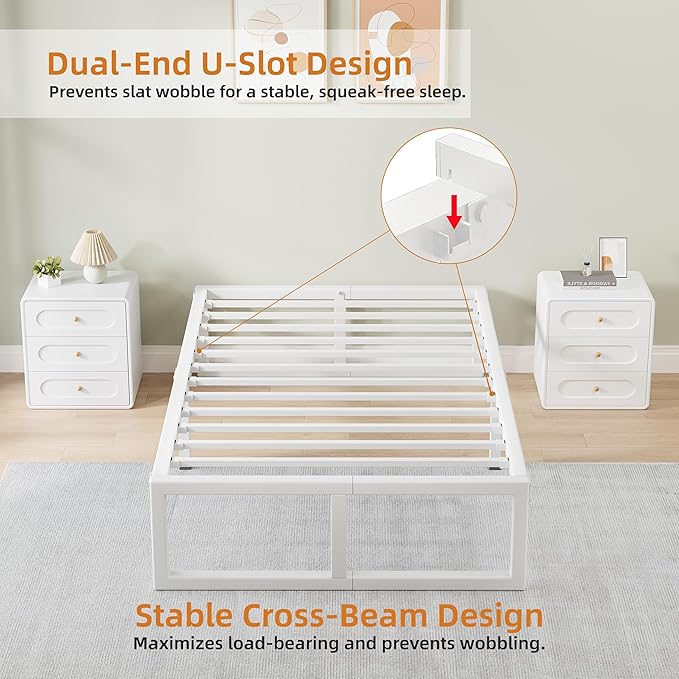 King Size Bed Frame 18 Inch Metal Platform Bed Frames with Squeak Free U-Slot Design 6 Non-Slip Guards 3500lbs Heavy Duty Steel Slat Support No Box Spring Needed Under Bed Storage White