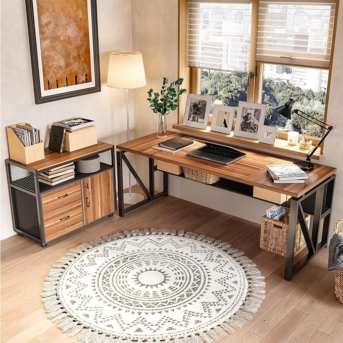 LITTLE TREE 63-Inch Office Desk with 31.5-Inch Lateral File Cabinet Study Writing Desk Computer Desk for Home Office
