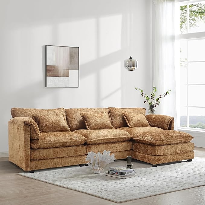 L Shaped Sectional Sofa Cloud Couch for Living Room 112 Chenille Comfy Boucle Modular Sleeper Sofa Modern Upholstery Sofas with Ottoman &amp Memory Foam Brown